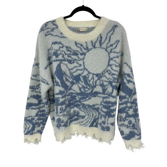Altar’d State Cream Blue Sun Mountain Scene Raw Hem Sweater Womens Medium - Picture 1 of 6